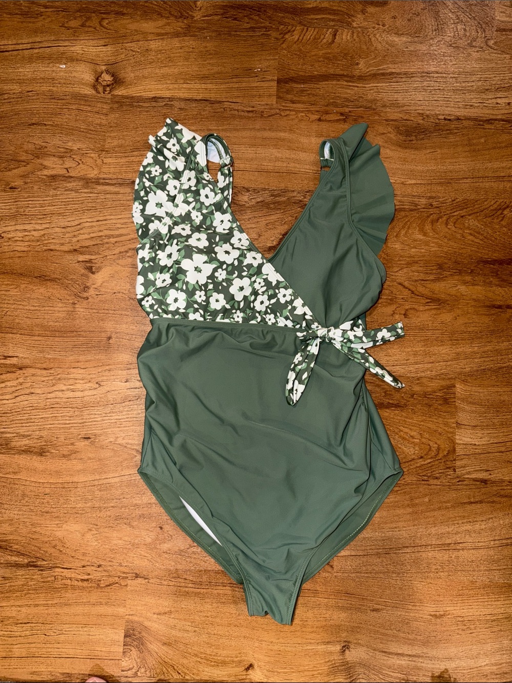 Summer Mae Women’s Green Floral One-Piece Maternity Swimsuit with Ruffle Detail